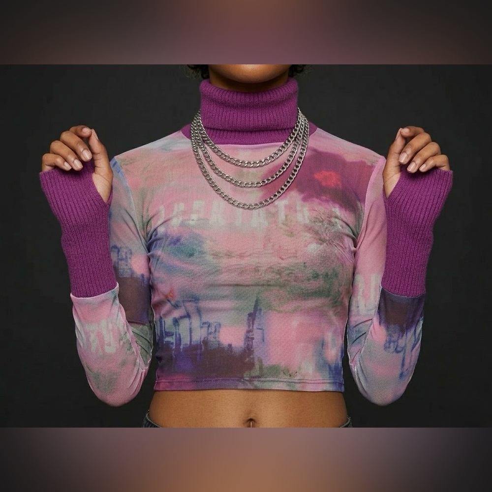 Generation Kiss Lena Turtleneck Top - City Floral Tie Dye - Grunge Mesh Cropped